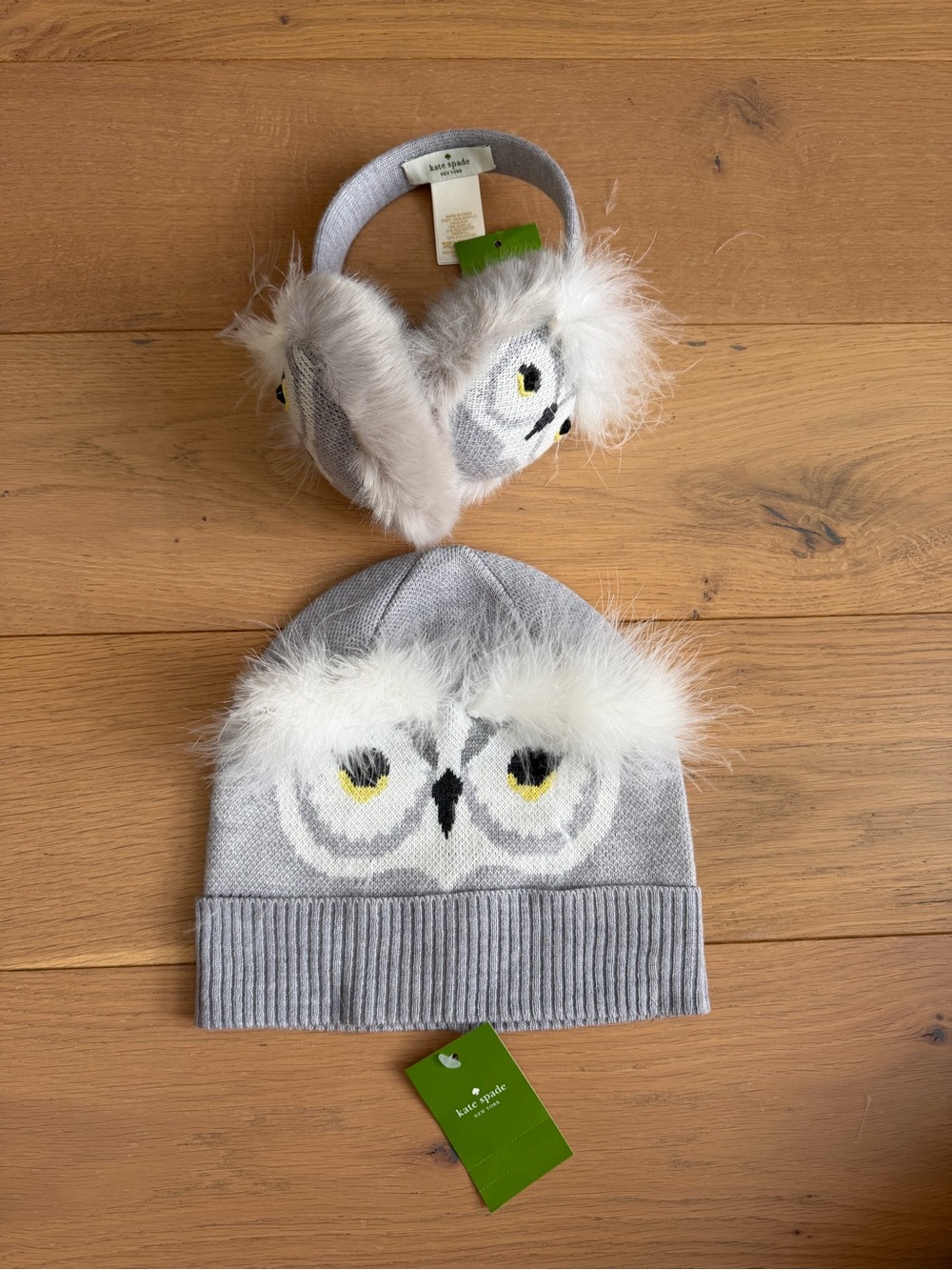 KATE SPADE Women Gray Owl Beanie and Faux-Fur Earmuffs Set